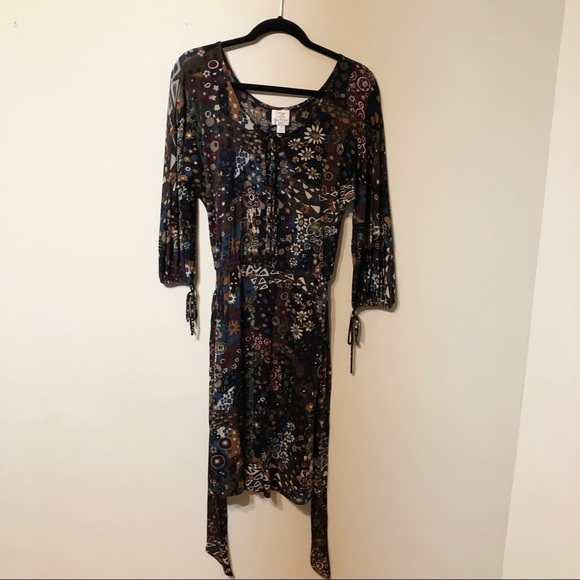 Suzie Chin Black multi colored rayon and spandex dress with belt - Picture 1 of 6